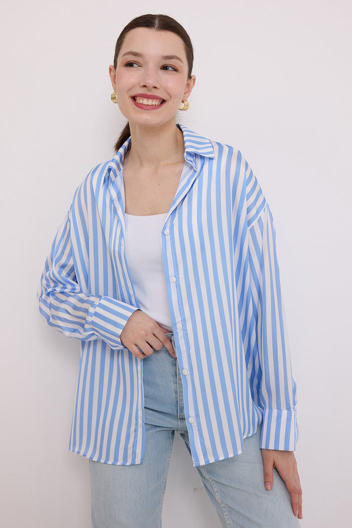 BGD Women Woman Blue White Striped Oversized Satin Shirt 20242 - Avondale