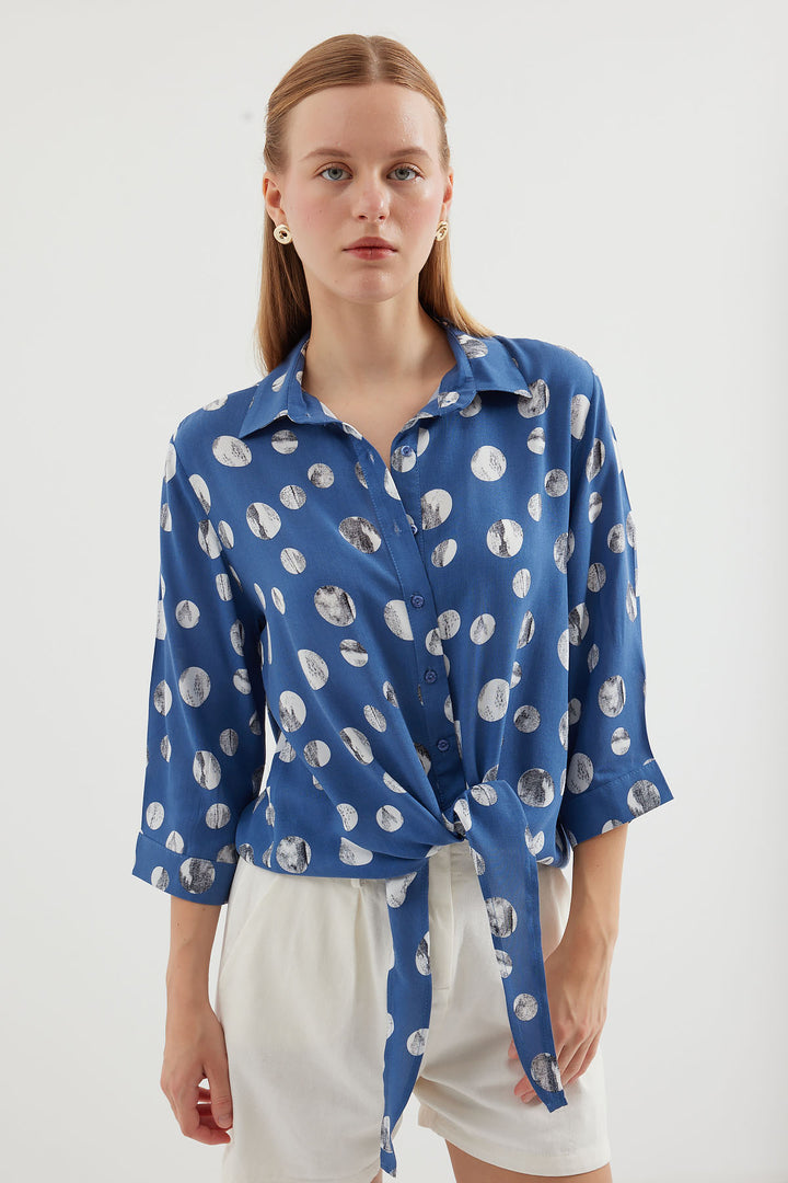 BGD Women Tie-Front Patterned Shirt - Indigo - Avondale