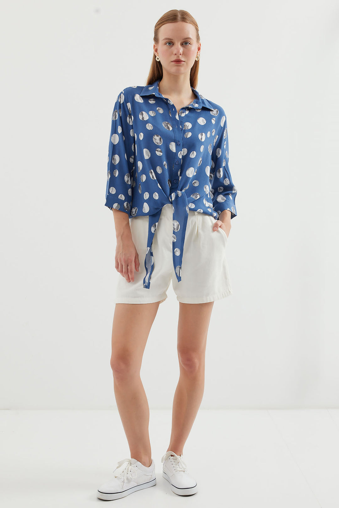 BGD Women Tie-Front Patterned Shirt - Indigo - Avondale