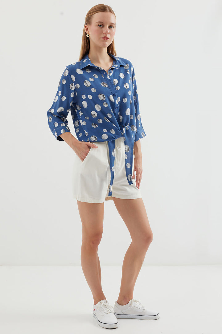 BGD Women Tie-Front Patterned Shirt - Indigo - Avondale