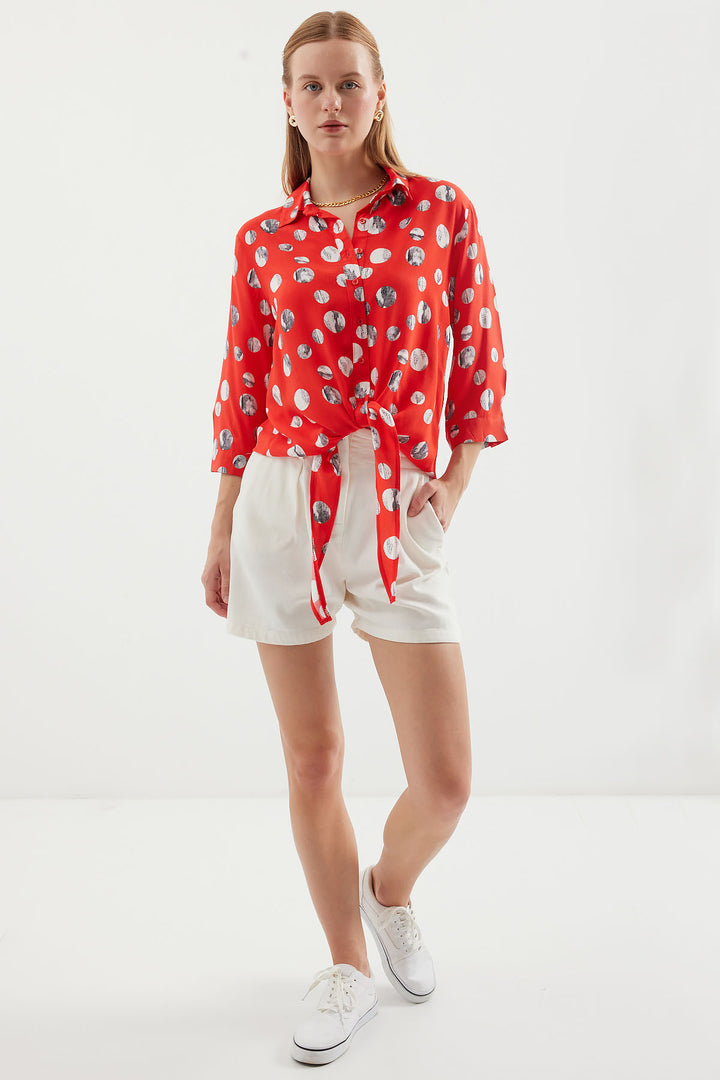 BGD Women Tie-Front Patterned Shirt - Red - Avondale