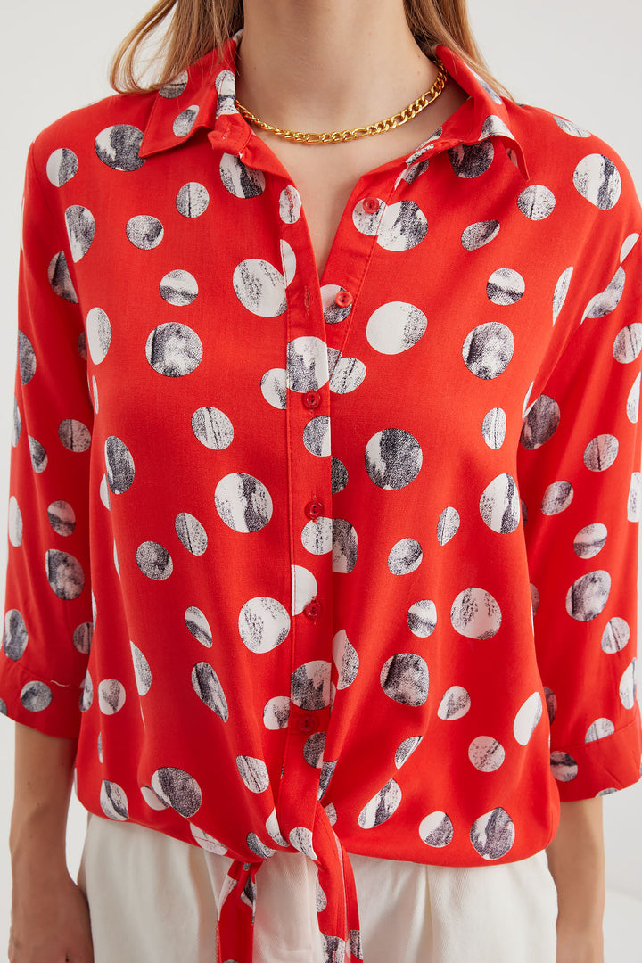 BGD Women Tie-Front Patterned Shirt - Red - Avondale