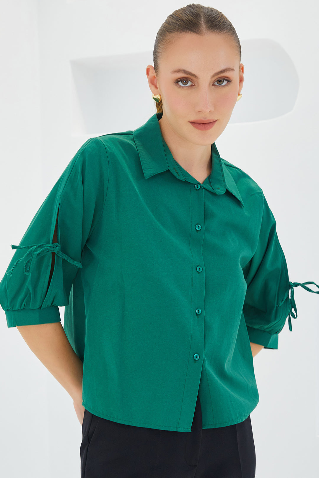 BGD Women Women's Emerald Green Crop Top with Sleeve Detail 20246 - Avondale