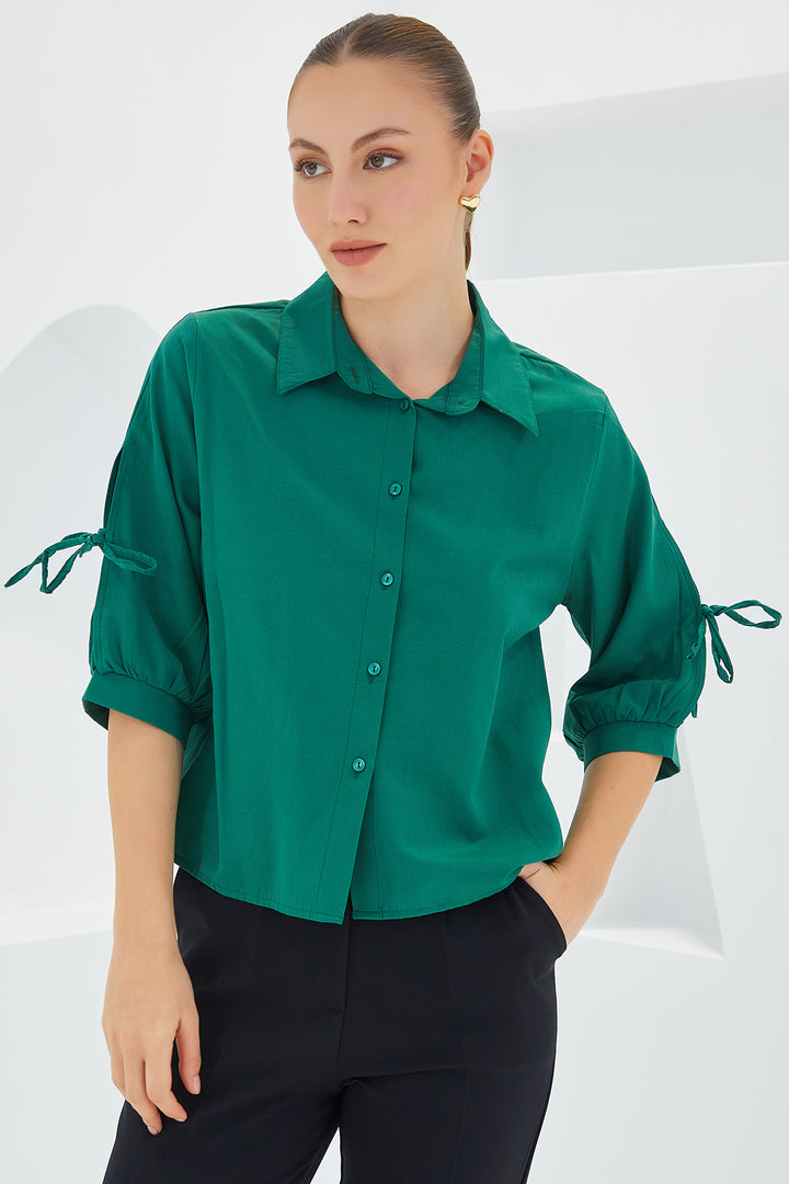 BGD Women Women's Emerald Green Crop Top with Sleeve Detail 20246 - Avondale