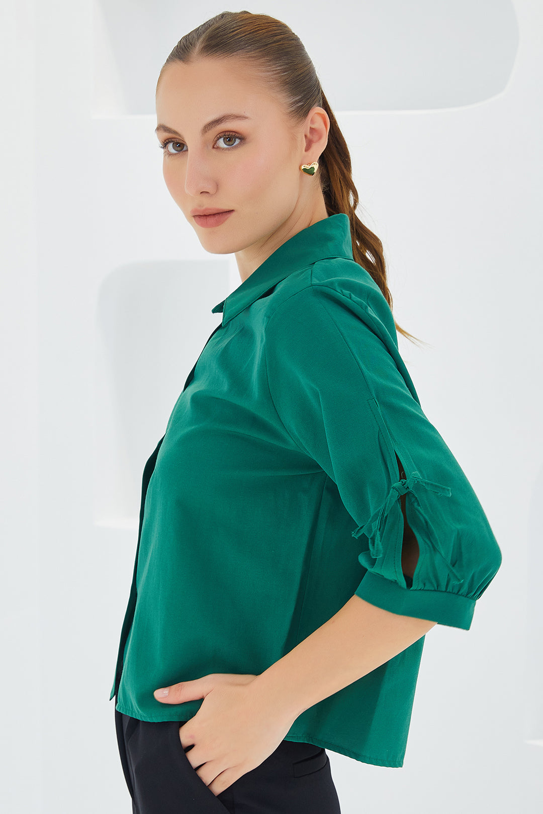 BGD Women Women's Emerald Green Crop Top with Sleeve Detail 20246 - Avondale