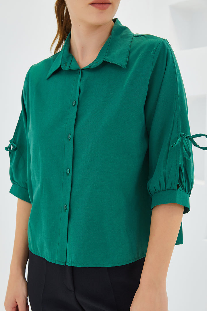 BGD Women Women's Emerald Green Crop Top with Sleeve Detail 20246 - Avondale