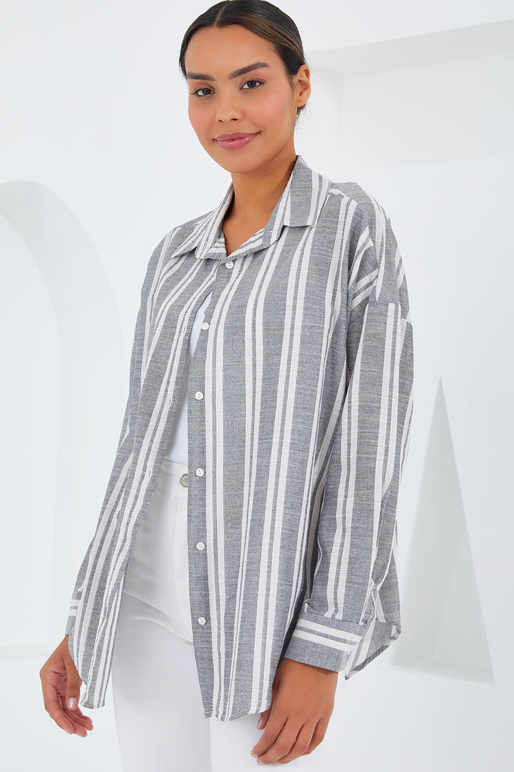 BGD Women Woman Gray White Striped Oversized Linen Shirt 20251 - Avondale