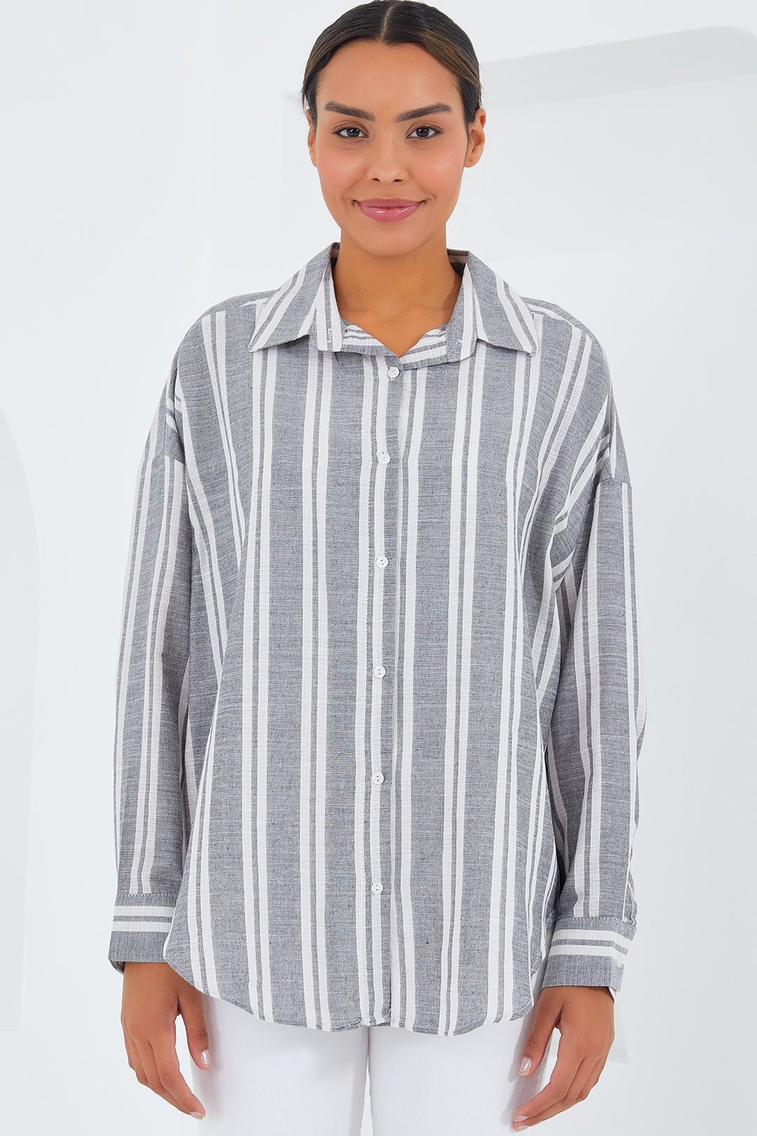 BGD Women Woman Gray White Striped Oversized Linen Shirt 20251 - Avondale