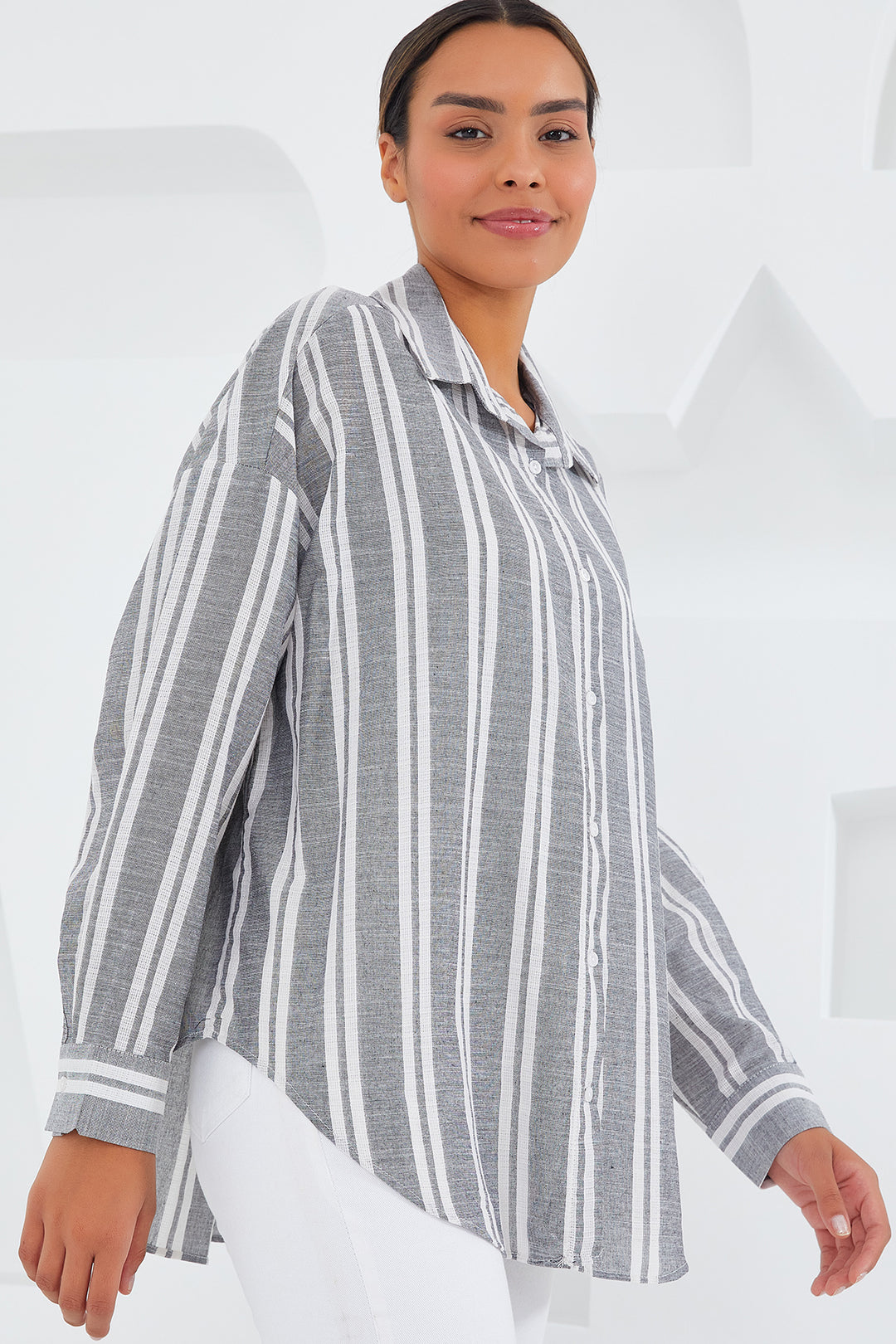 BGD Women Woman Gray White Striped Oversized Linen Shirt 20251 - Avondale