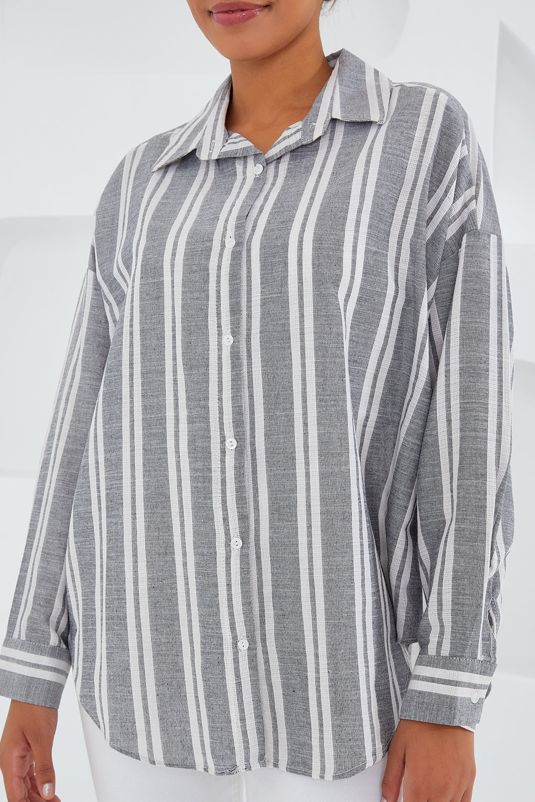 BGD Women Woman Gray White Striped Oversized Linen Shirt 20251 - Avondale