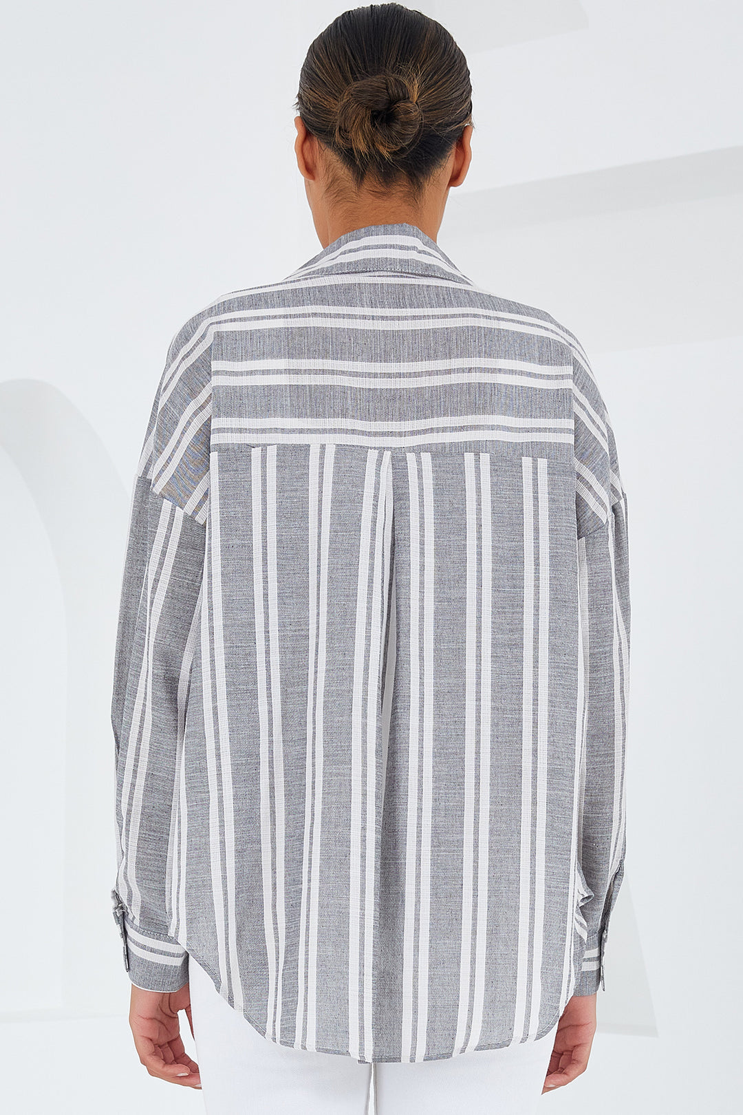 BGD Women Woman Gray White Striped Oversized Linen Shirt 20251 - Avondale