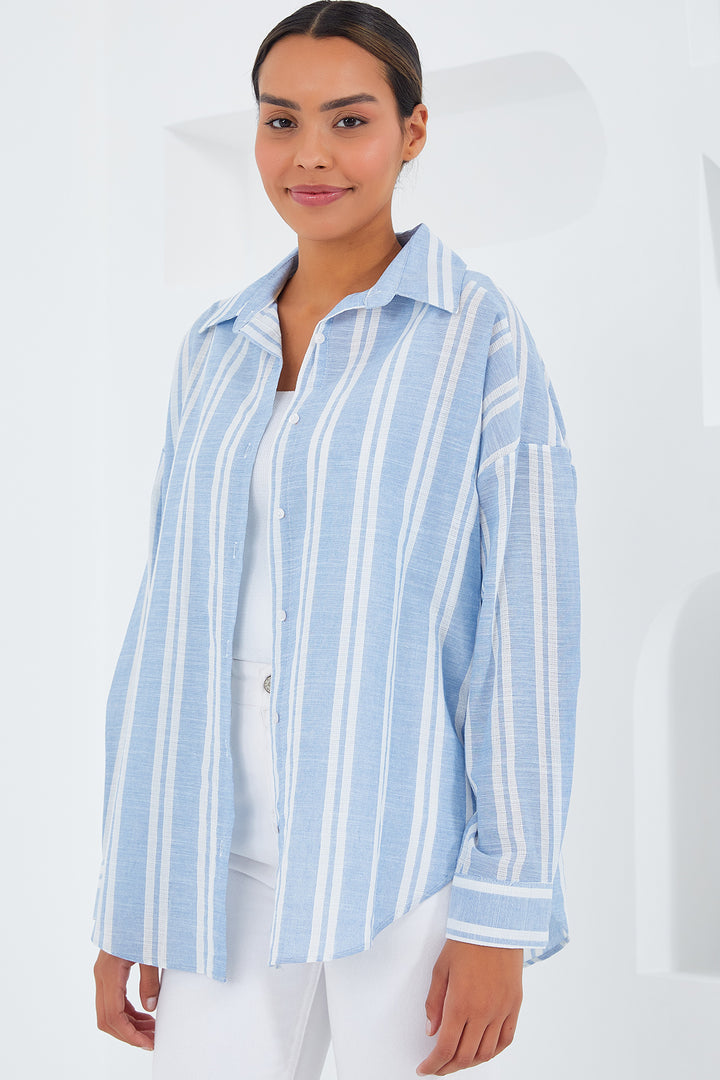 BGD Women Woman Blue White Striped Oversized Linen Shirt 20251 - Avondale