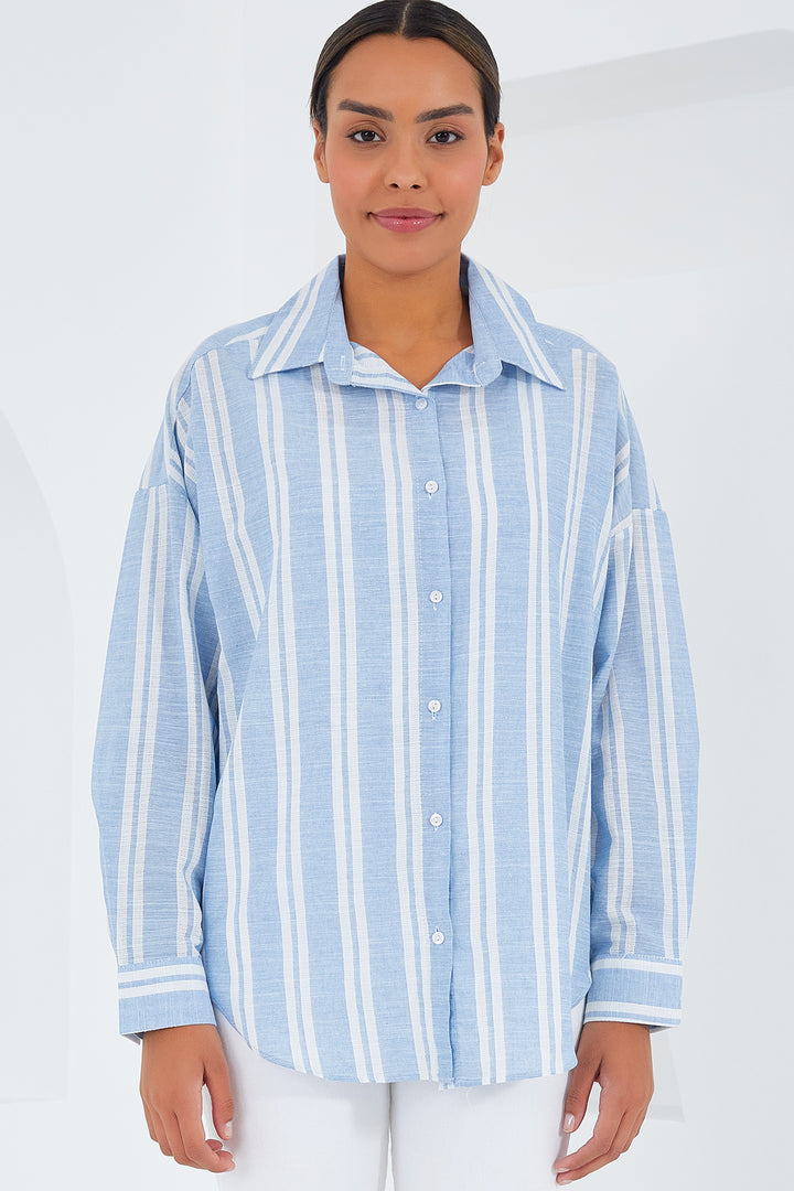 BGD Women Woman Blue White Striped Oversized Linen Shirt 20251 - Avondale