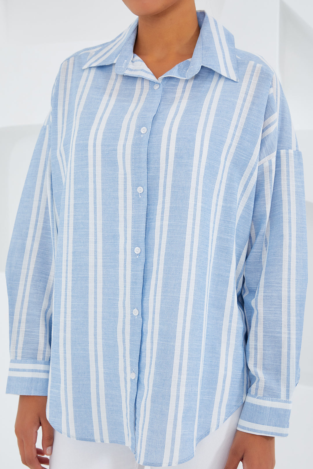 BGD Women Woman Blue White Striped Oversized Linen Shirt 20251 - Avondale