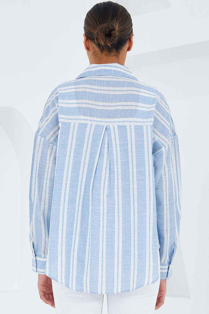 BGD Women Woman Blue White Striped Oversized Linen Shirt 20251 - Avondale