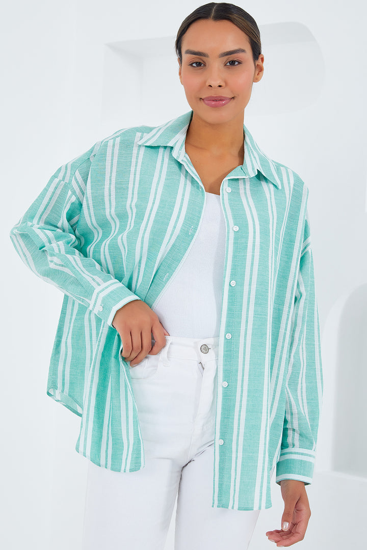 BGD Women Woman Mint Green White Striped Oversized Linen Shirt 20251 - Avondale