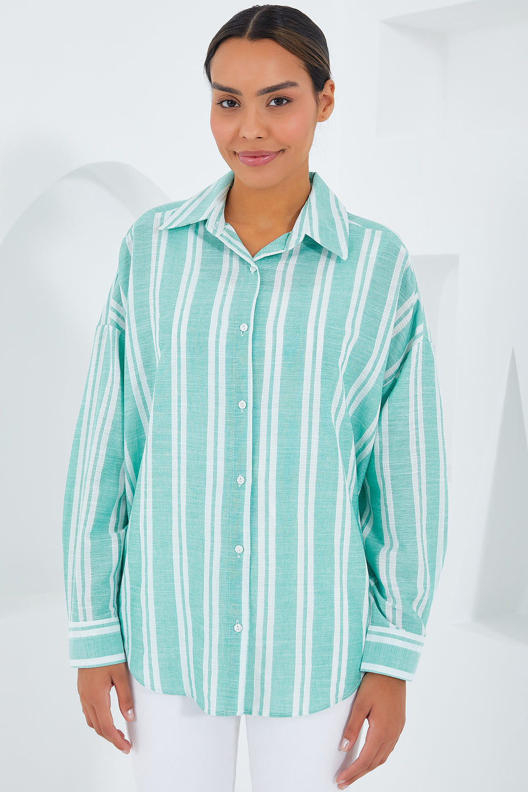 BGD Women Woman Mint Green White Striped Oversized Linen Shirt 20251 - Avondale