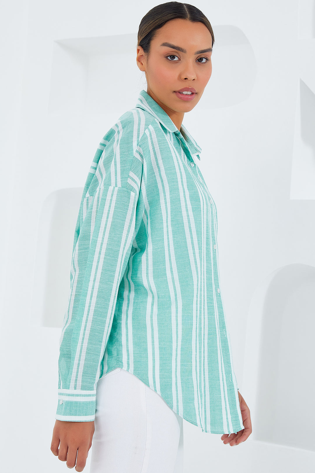 BGD Women Woman Mint Green White Striped Oversized Linen Shirt 20251 - Avondale