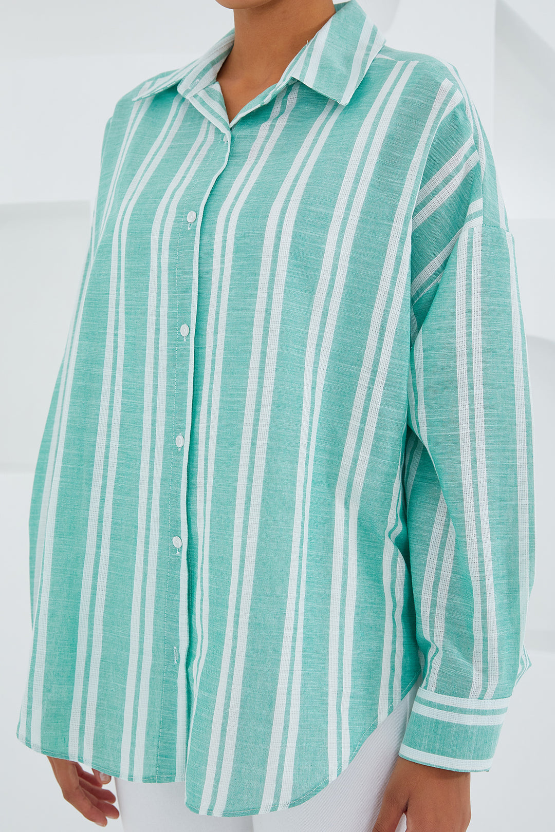 BGD Women Woman Mint Green White Striped Oversized Linen Shirt 20251 - Avondale