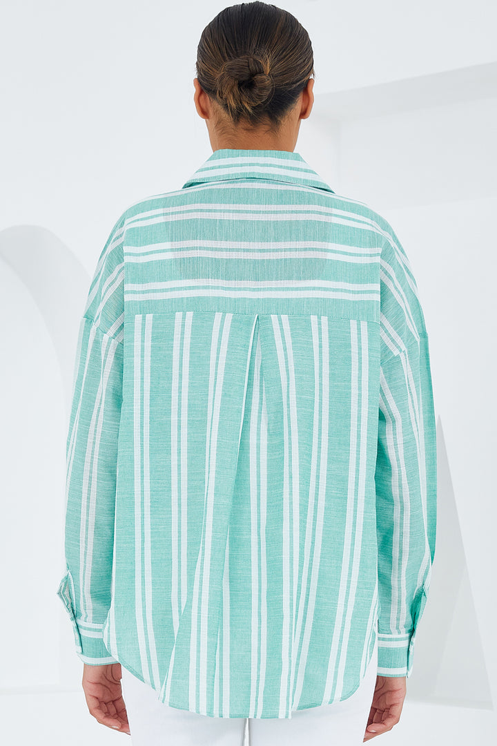 BGD Women Woman Mint Green White Striped Oversized Linen Shirt 20251 - Avondale