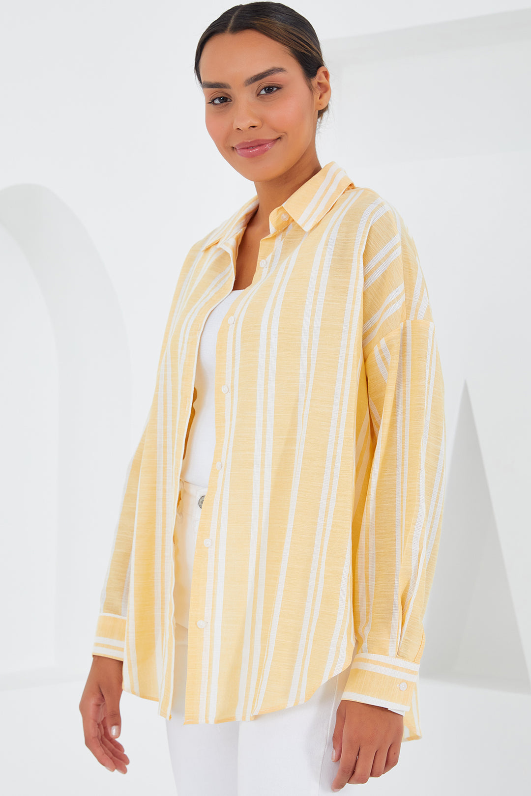 BGD Women Woman Yellow White Striped Oversized Linen Shirt 20251 - Avondale