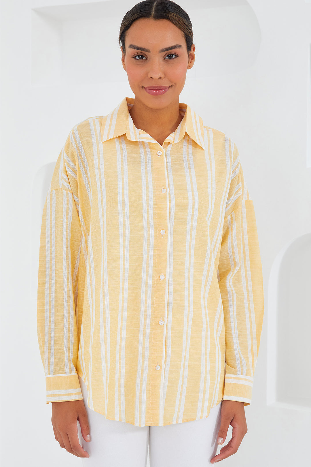 BGD Women Woman Yellow White Striped Oversized Linen Shirt 20251 - Avondale