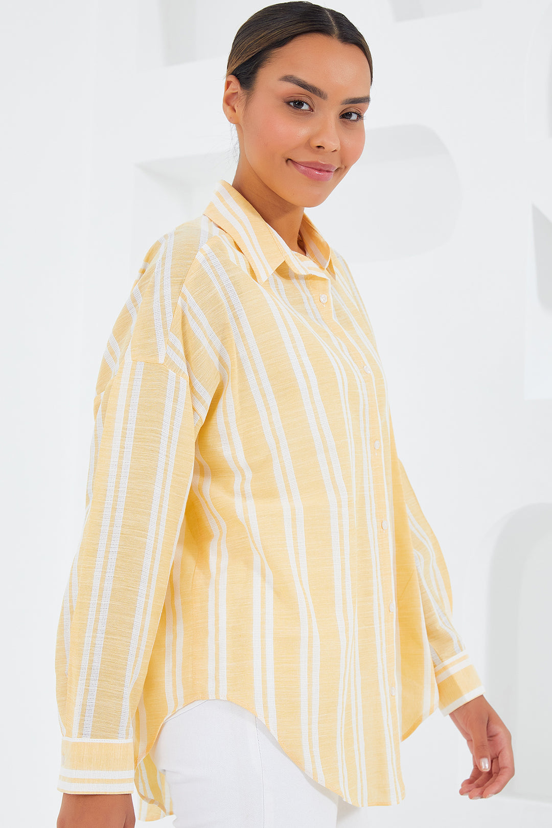 BGD Women Woman Yellow White Striped Oversized Linen Shirt 20251 - Avondale