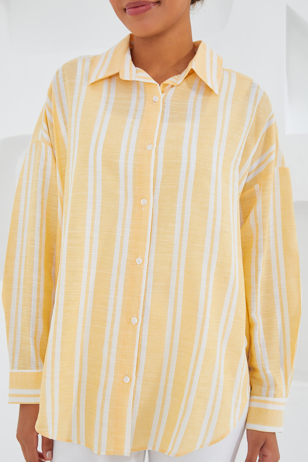 BGD Women Woman Yellow White Striped Oversized Linen Shirt 20251 - Avondale