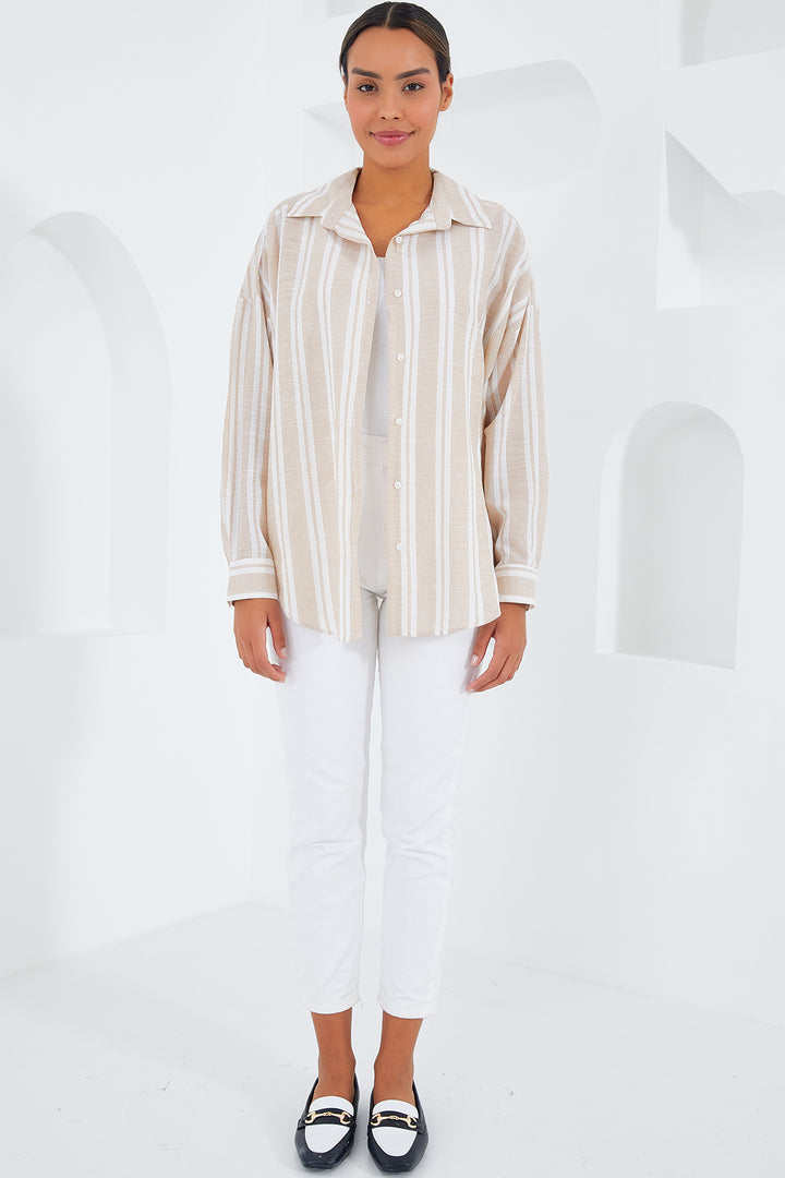 BGD Women Woman Stone White Striped Oversized Linen Shirt 20251 - Avondale