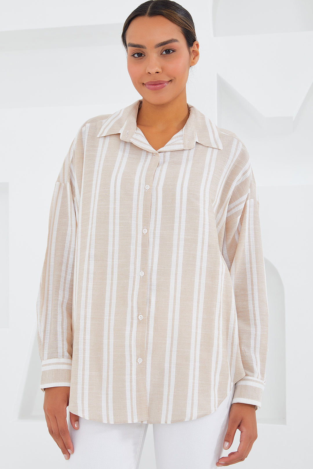 BGD Women Woman Stone White Striped Oversized Linen Shirt 20251 - Avondale