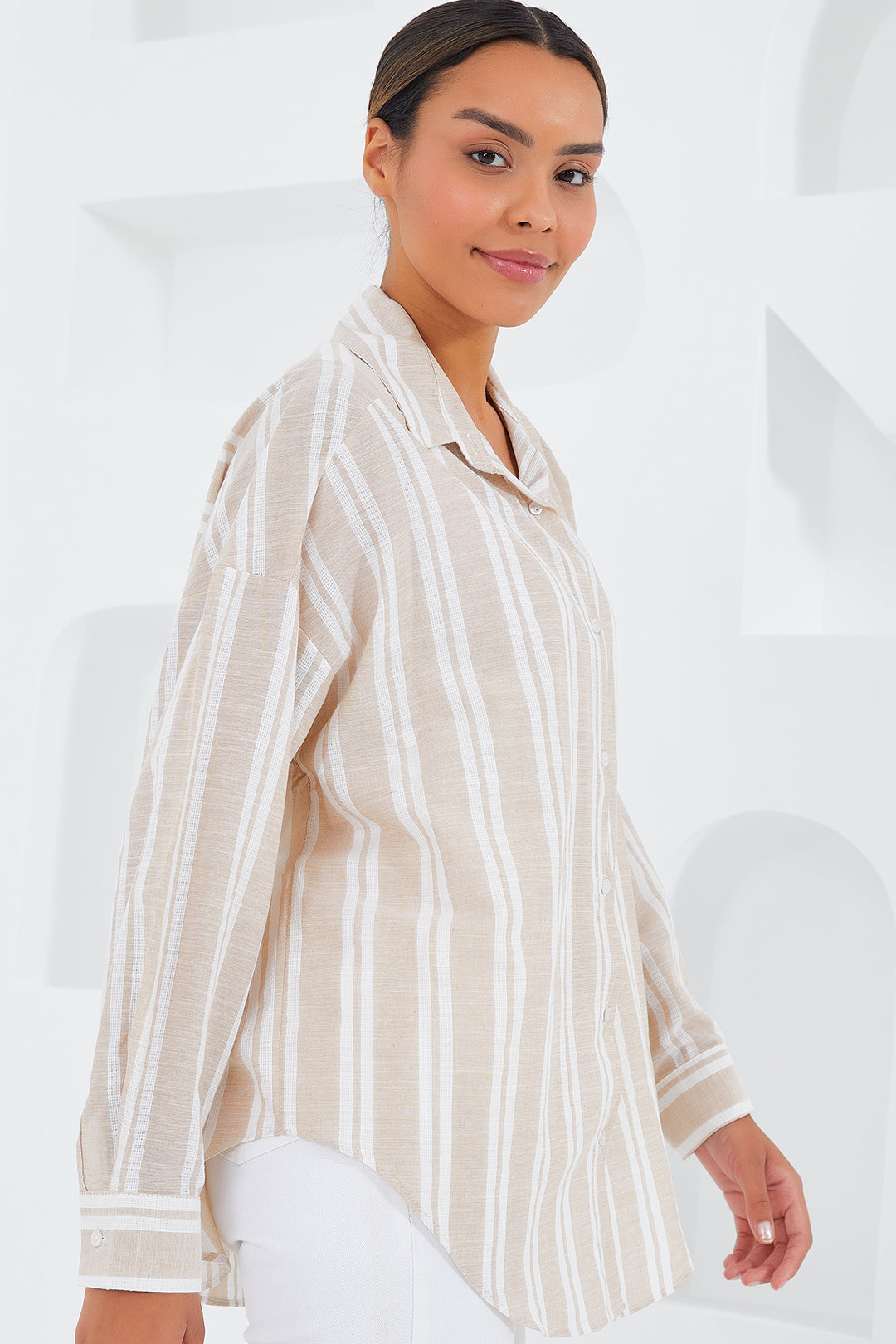 BGD Women Woman Stone White Striped Oversized Linen Shirt 20251 - Avondale