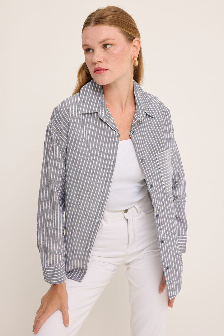 BGD Women Woman Anthracite White Striped Oversized Linen Shirt 20252 - Avondale