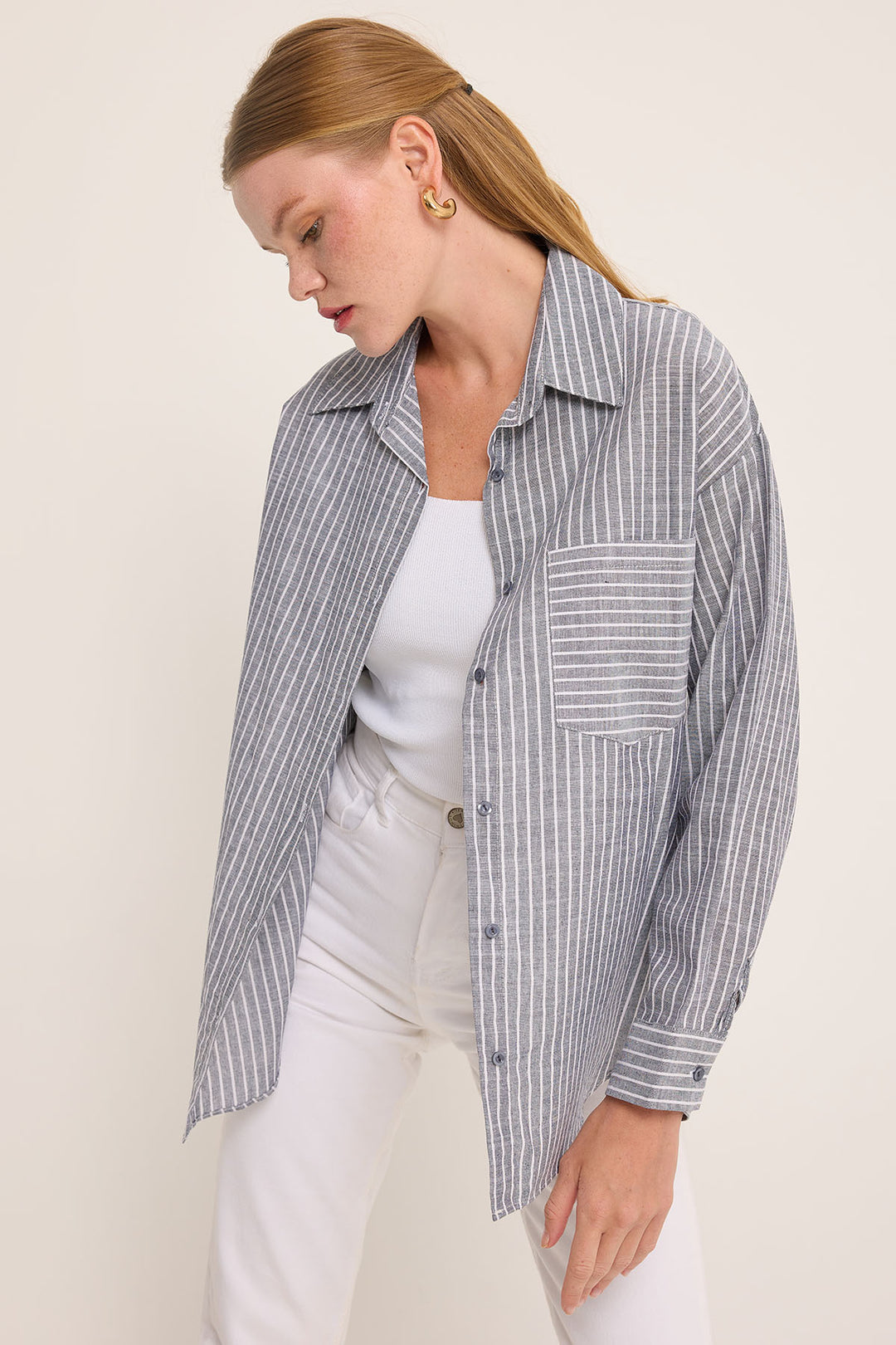 BGD Women Woman Anthracite White Striped Oversized Linen Shirt 20252 - Avondale