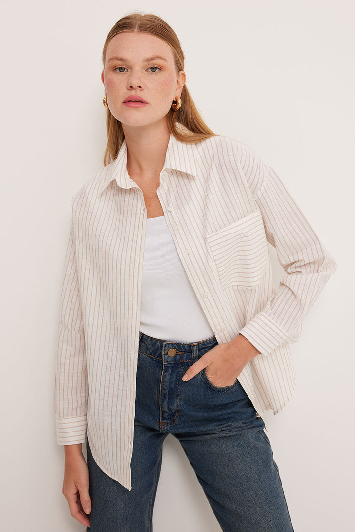 BGD Women Woman White Biscuit Striped Oversized Linen Shirt 20252 - Avondale