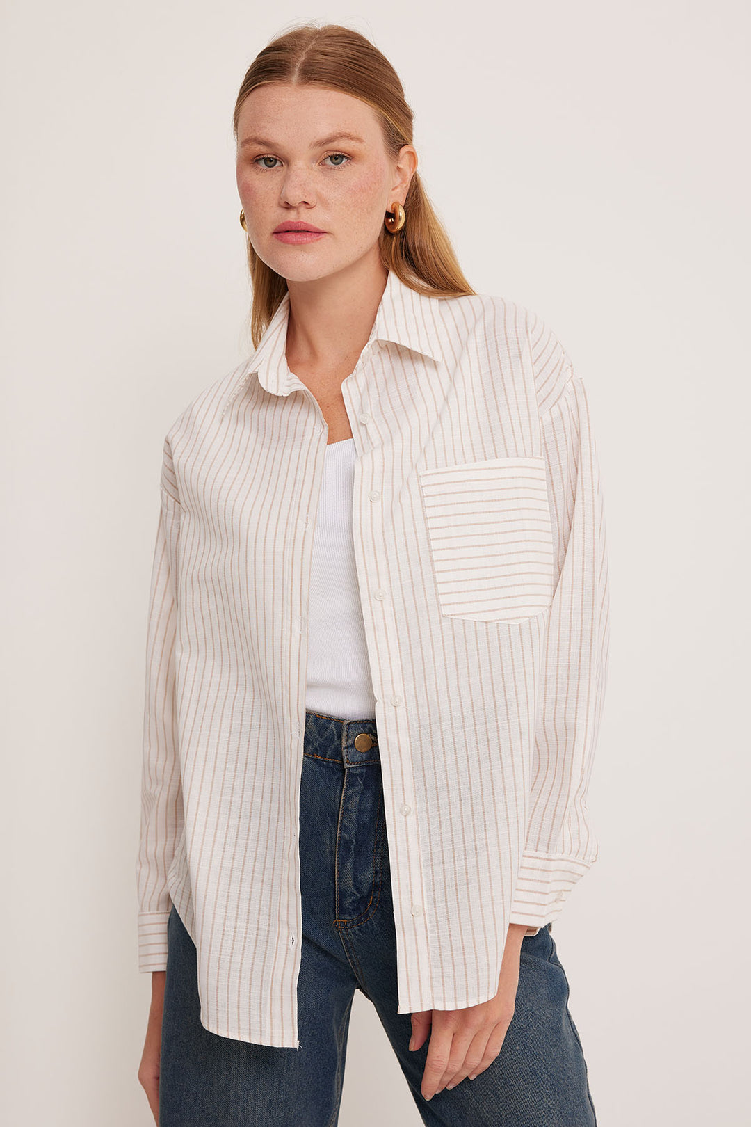 BGD Women Woman White Biscuit Striped Oversized Linen Shirt 20252 - Avondale