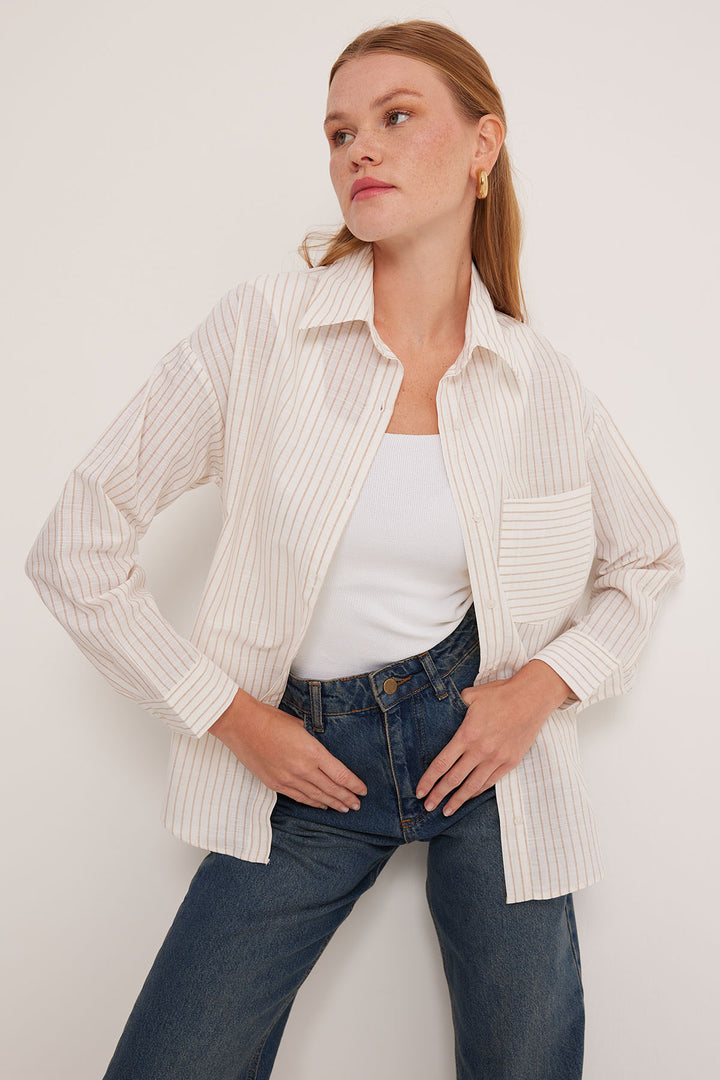 BGD Women Woman White Biscuit Striped Oversized Linen Shirt 20252 - Avondale