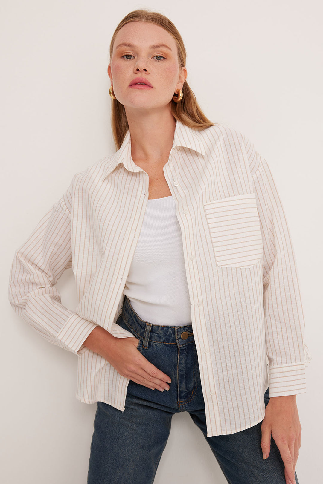 BGD Women Woman White Biscuit Striped Oversized Linen Shirt 20252 - Avondale