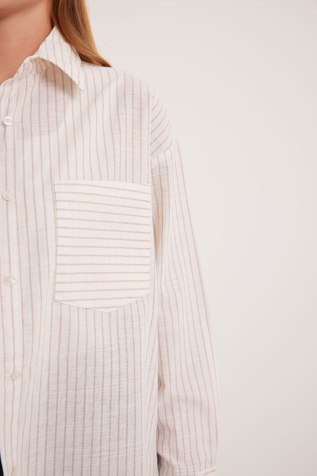 BGD Women Woman White Biscuit Striped Oversized Linen Shirt 20252 - Avondale