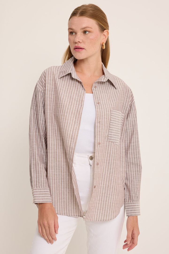 BGD Women Woman Brown White Striped Oversized Linen Shirt 20252 - Avondale