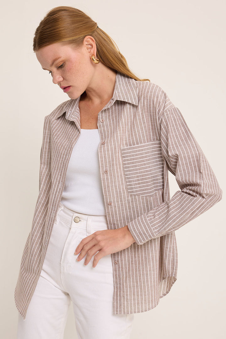 BGD Women Woman Brown White Striped Oversized Linen Shirt 20252 - Avondale