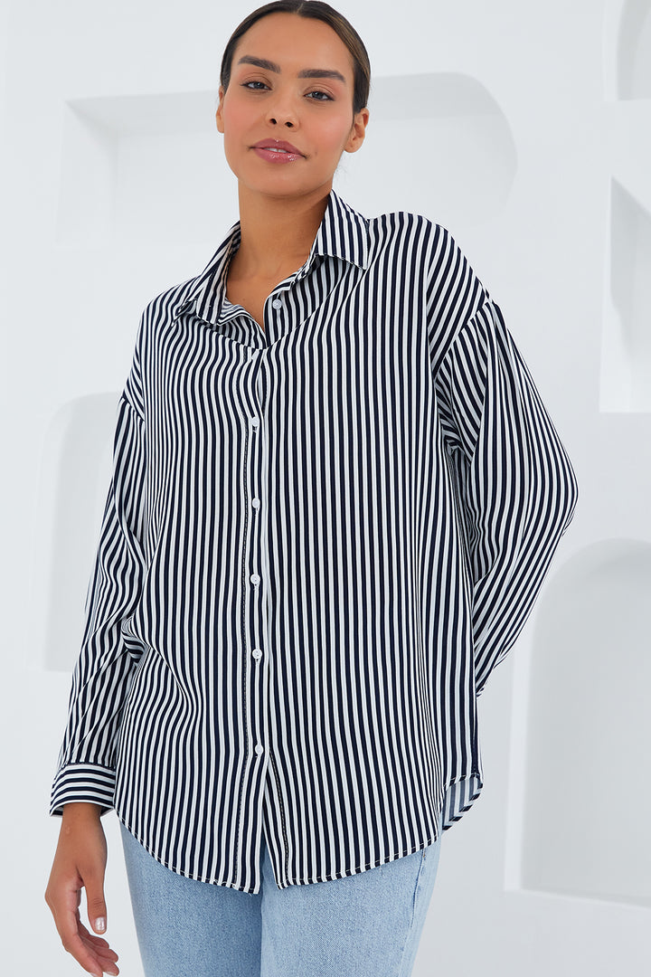 BGD Women Woman Black and White Striped Oversize Basic T-shirt 20254 - Avondale