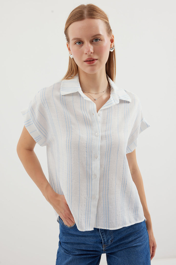 BGD Women Short Sleeve Oversized Linen Shirt - Blue - Avondale