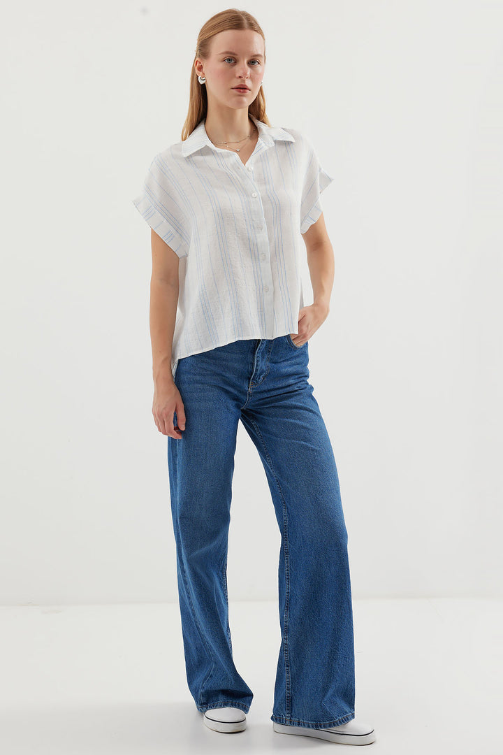 BGD Women Short Sleeve Oversized Linen Shirt - Blue - Avondale