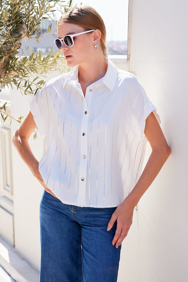 BGD Women Short Sleeve Striped Shirt - White - Avondale