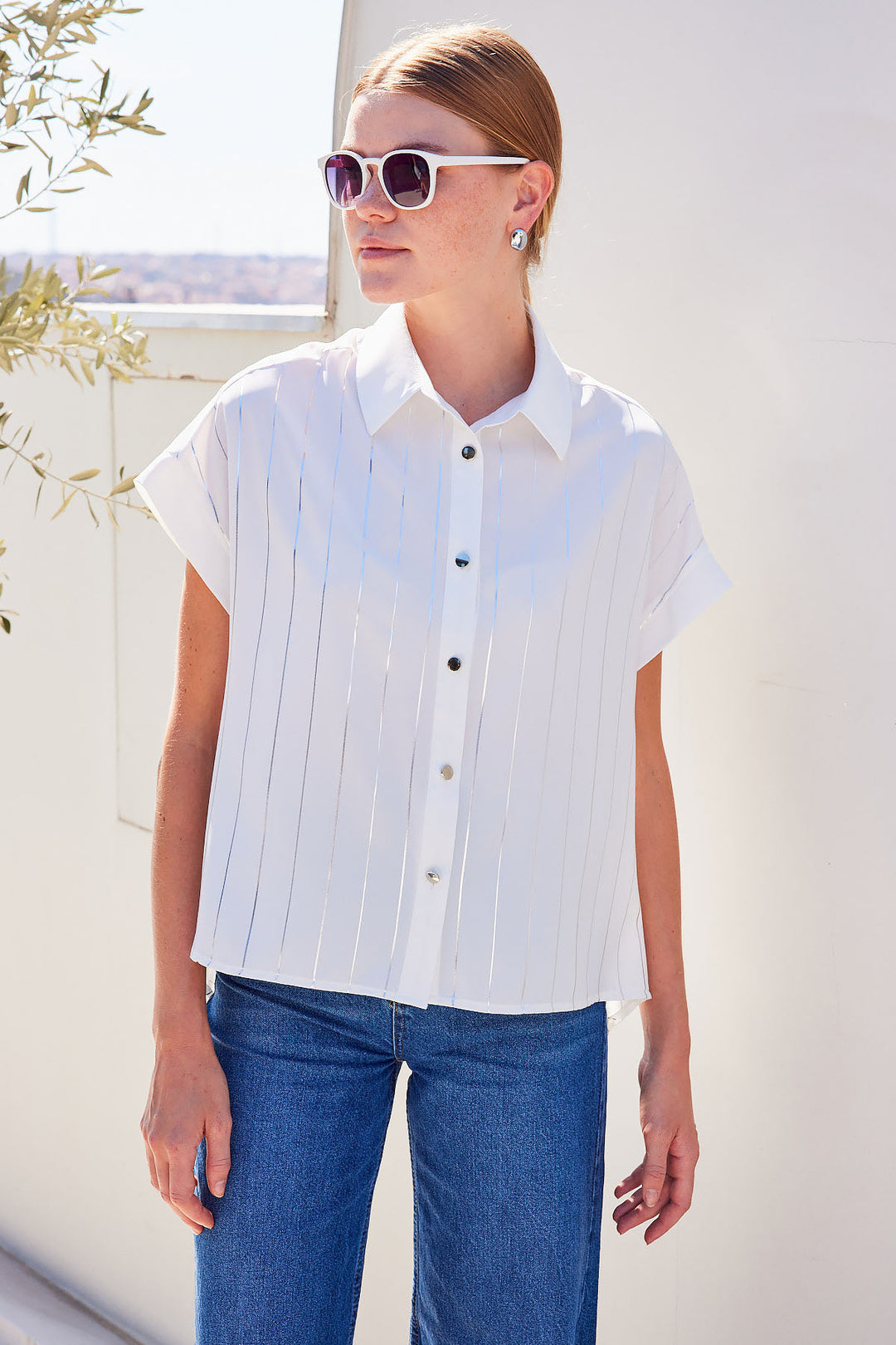 BGD Women Short Sleeve Striped Shirt - White - Avondale