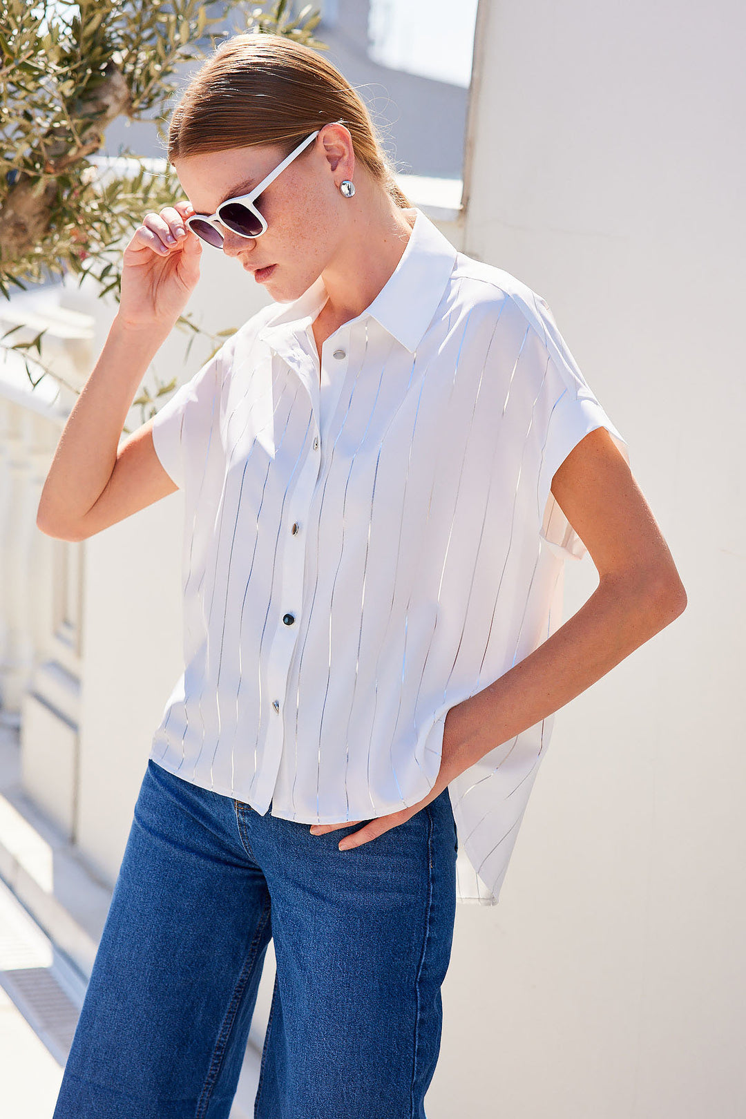 BGD Women Short Sleeve Striped Shirt - White - Avondale