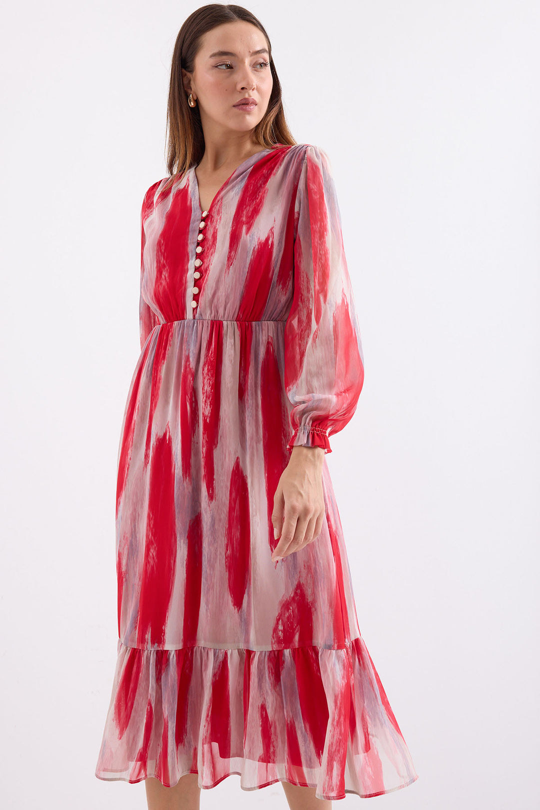 BGD Women Patterned Chiffon Dress - Dark Red - Avondale