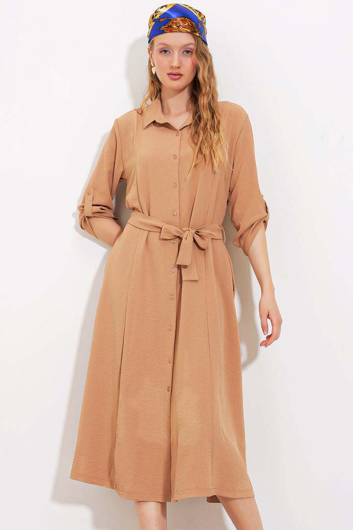 BGD Women Woman Camel Belted Shirt Dress 2442 - Avondale