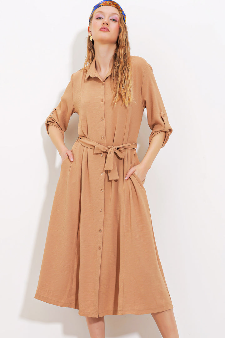 BGD Women Woman Camel Belted Shirt Dress 2442 - Avondale