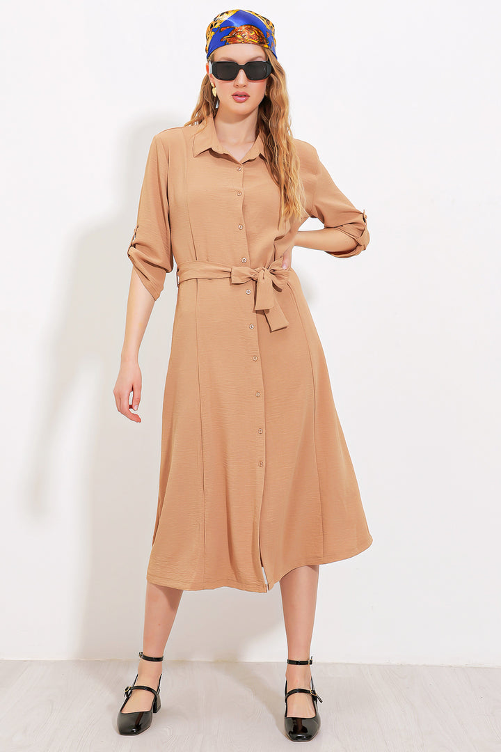 BGD Women Woman Camel Belted Shirt Dress 2442 - Avondale